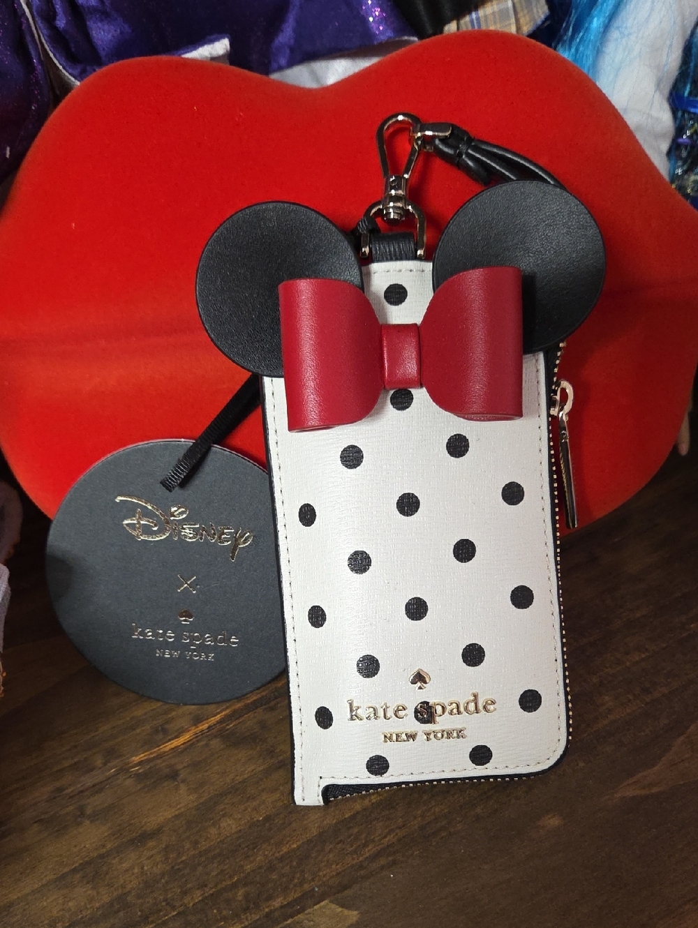 kate spade White and Black Polka Dot Minnie Cardholder with Red Bow